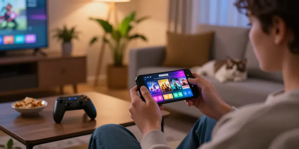 User enjoying ROKOK88 login and gaming experience on smartphone in cozy home setting, with vibrant visuals and snacks.