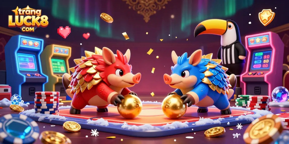 Experience the excitement of trang LUCK8 COM as pangolins bowl through poker chips amidst vibrant casino elements.