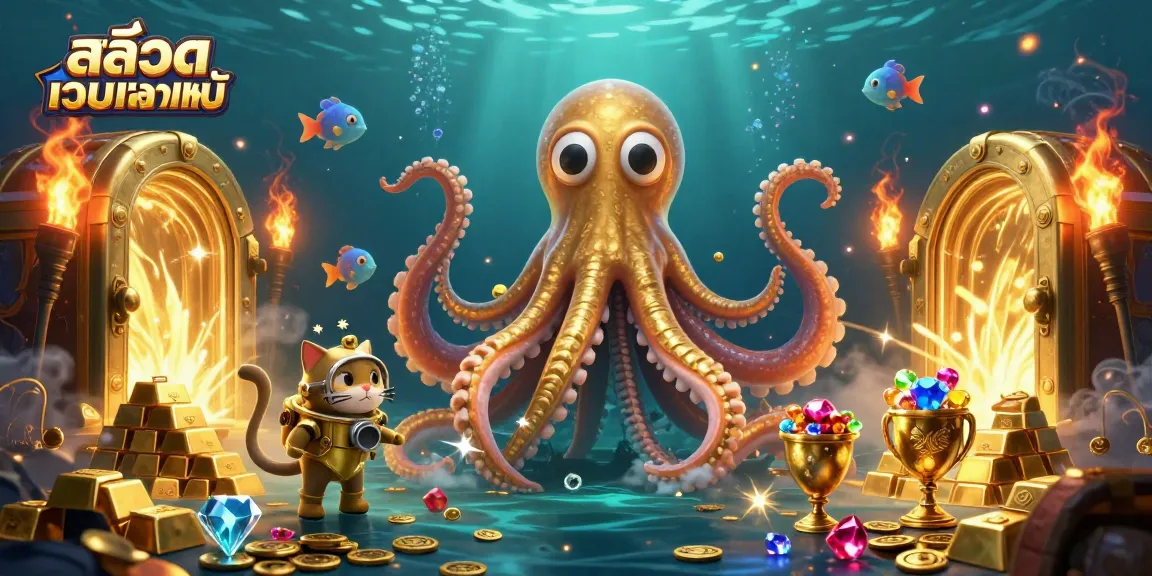 Engage with สล็อตเว็บตรงแท้ treasures in a vibrant underwater casino scene featuring a kraken and diving cat.