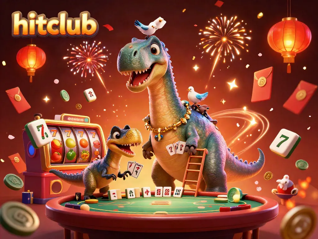 Hitclub showcases lively 3D casino action with a brontosaurus and a raptor dealer amid vibrant gaming elements.