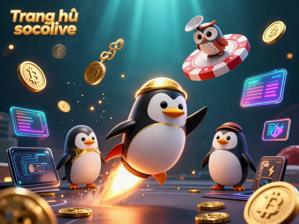 Experience the excitement at Trang chủ socolive with a vibrant 3D casino scene featuring a penguin and poker chip.