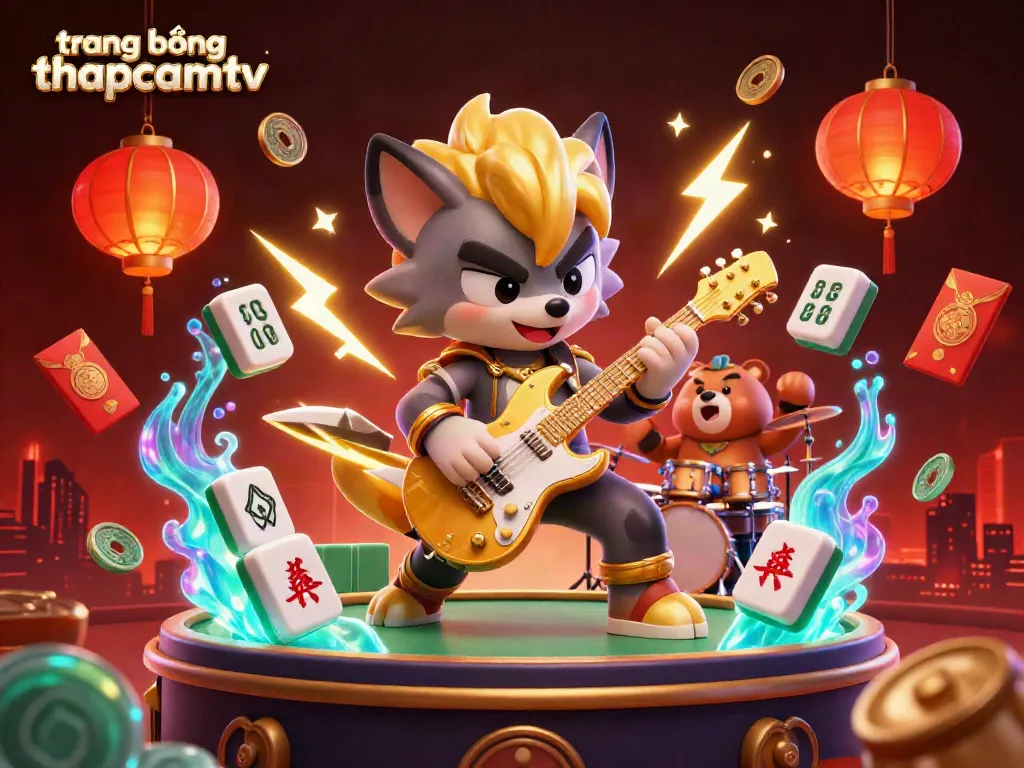 Engage with the exciting scene of trang bóng thapcamtv featuring a rock star wolf and drummer bear performing live on a dynamic casino stage.