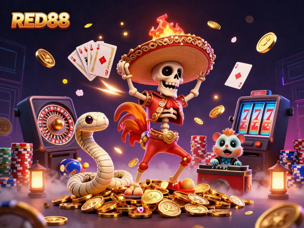 Experience the excitement of RED88 casino with dancing characters and vibrant gambling elements.