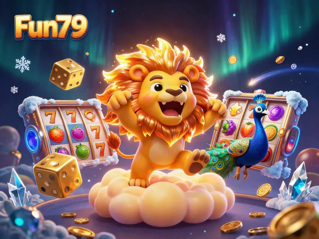 Unleash the excitement of Fun79 with a vibrant 3D illustration showcasing thrilling slot games encapsulated in a stunning cosmic environment.