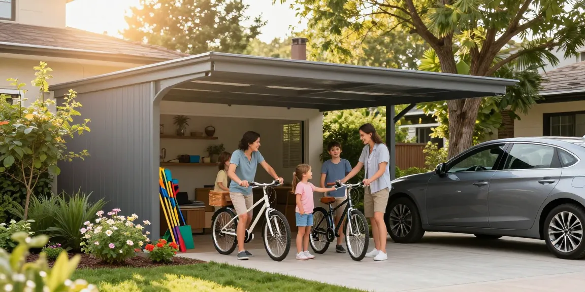 Carport im Garten, ideal für Fahrräder und Gartenwerkzeuge, sonnige Atmosphäre
