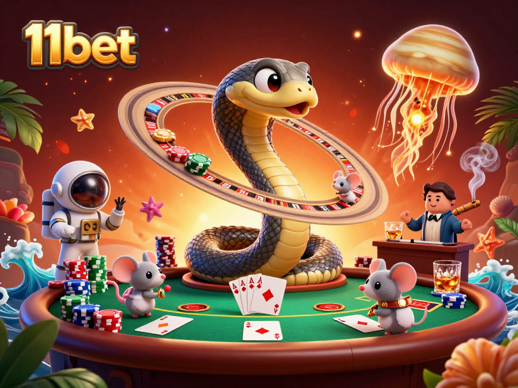 Experience thrilling betting action with 11bet's vibrant cosmic casino scene filled with fun characters.