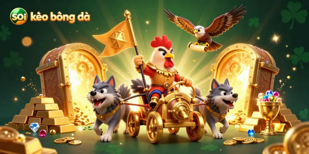 Engage in thrilling soi kèo bóng đá action with a golden war chariot and treasure in a vivid scene.
