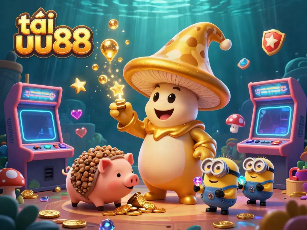 Experience the excitement and magic of tải uu88 through this enchanting 3D casino scene with golden treasures and games.