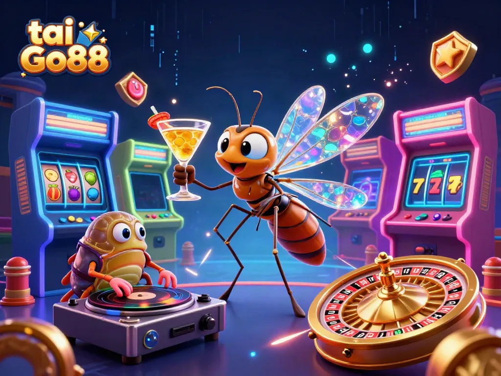Engage in thrilling gameplay with "tai Go88" featuring unique characters, casino elements, and vibrant arcade machines.