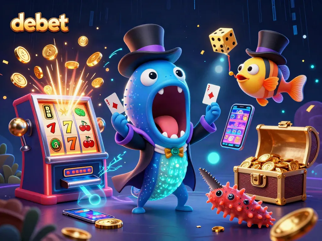 Experience the excitement of debet with an animated underwater jackpot scene featuring colorful casino elements.