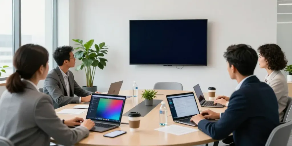 Reunión de negocios sobre netcash con profesionales colaborando en una sala moderna.