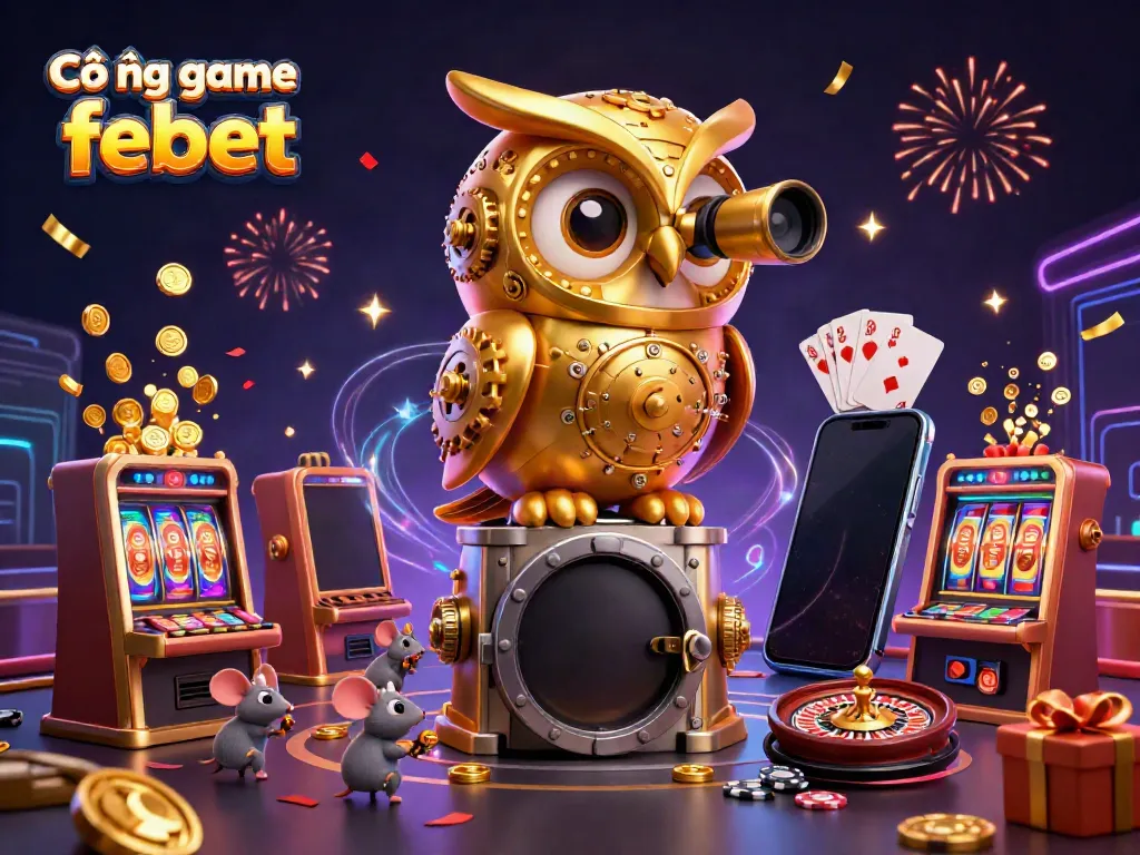 Cổng game febet showcases a vibrant 3D casino scene filled with dynamic game elements and characters.