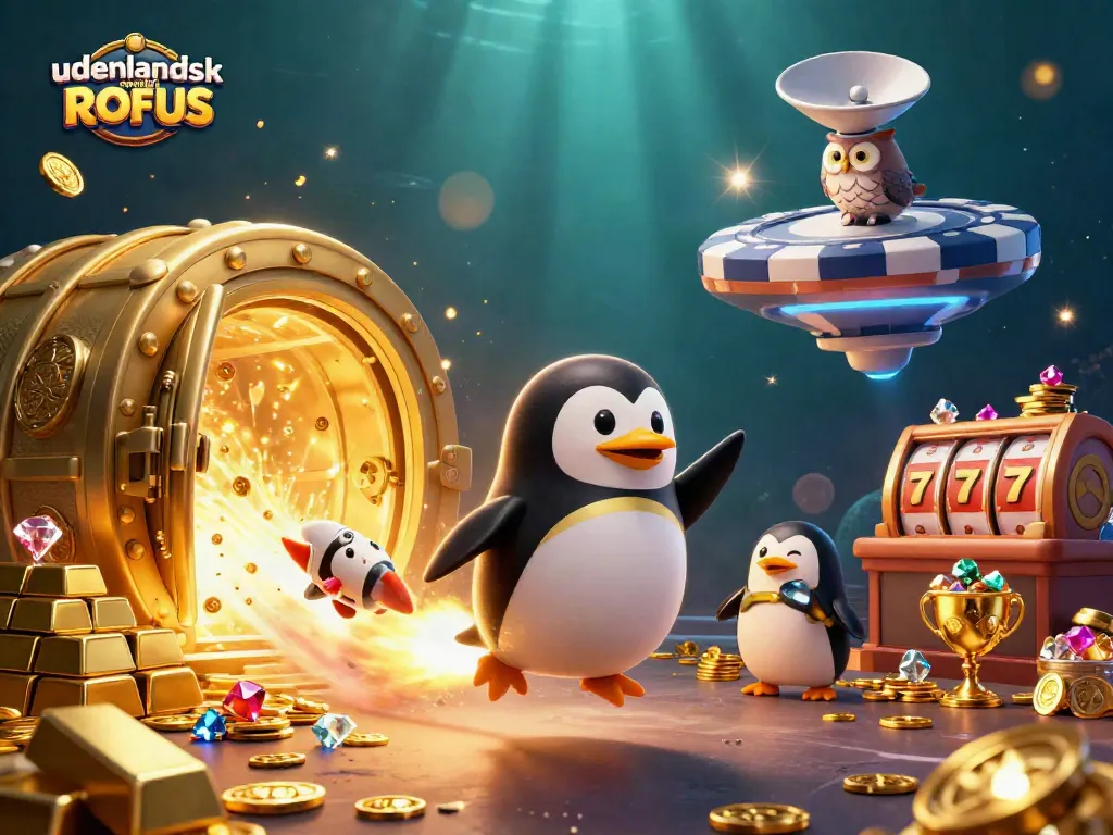 Experience the thrill at udenlandsk casino uden ROFUS with a vibrant illustration featuring a golden penguin and treasure.