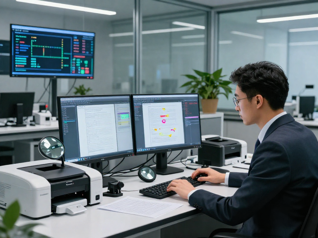 Expert document fraud detection in a high-tech lab analyzing suspicious patterns and metadata.