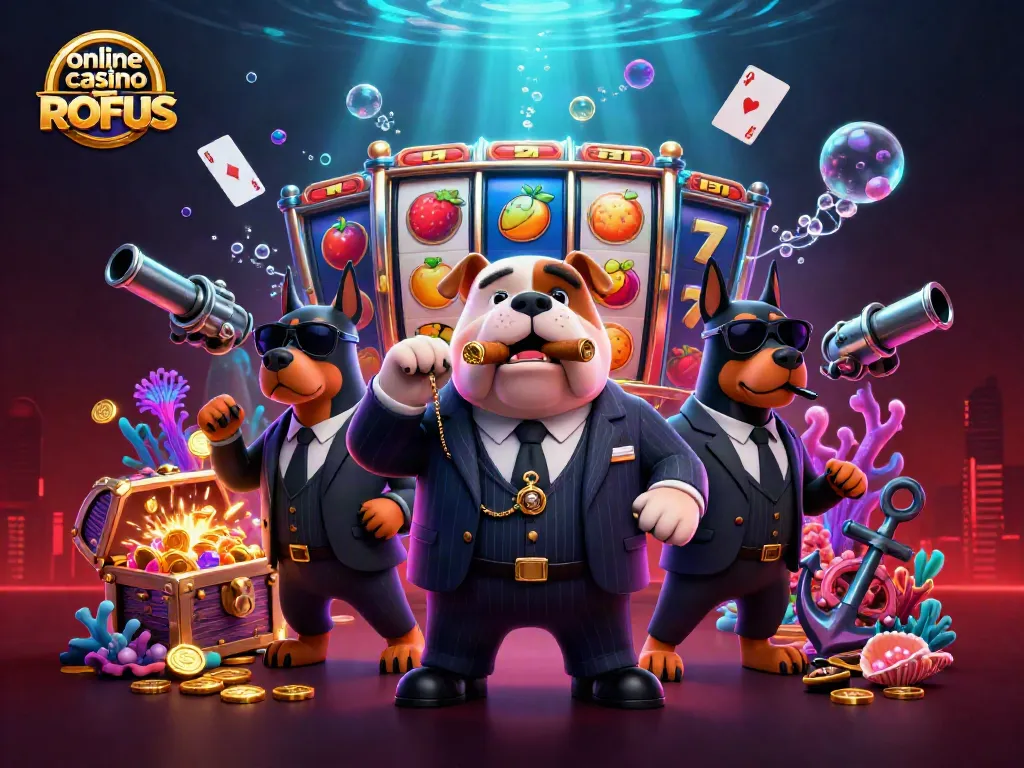 Experience the thrill of online casino uden ROFUS with cartoon mafia boss and bodyguards amidst vibrant games.