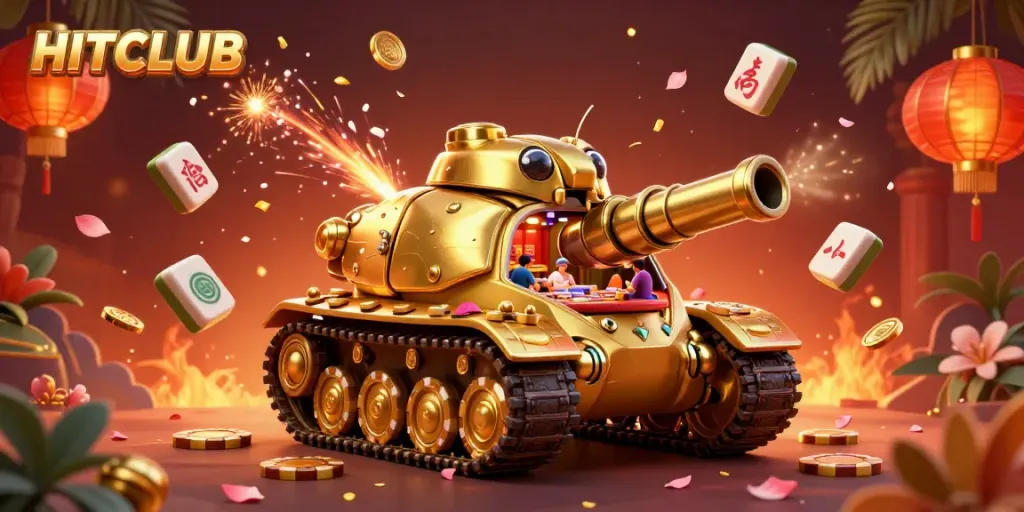 Experience gaming excitement at HITCLUB with a golden beetle tank casino illustration featuring vibrant game elements.