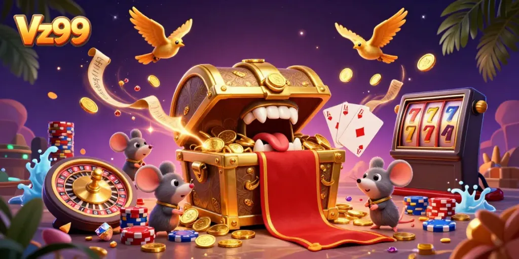 Experience thrilling riches at Vz99 with vibrant treasure chests, coins, and gaming action.