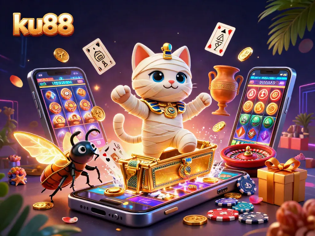 Play exciting games at ku88, where a mummy cat and glowing scarab bring luck in a vibrant casino scene.