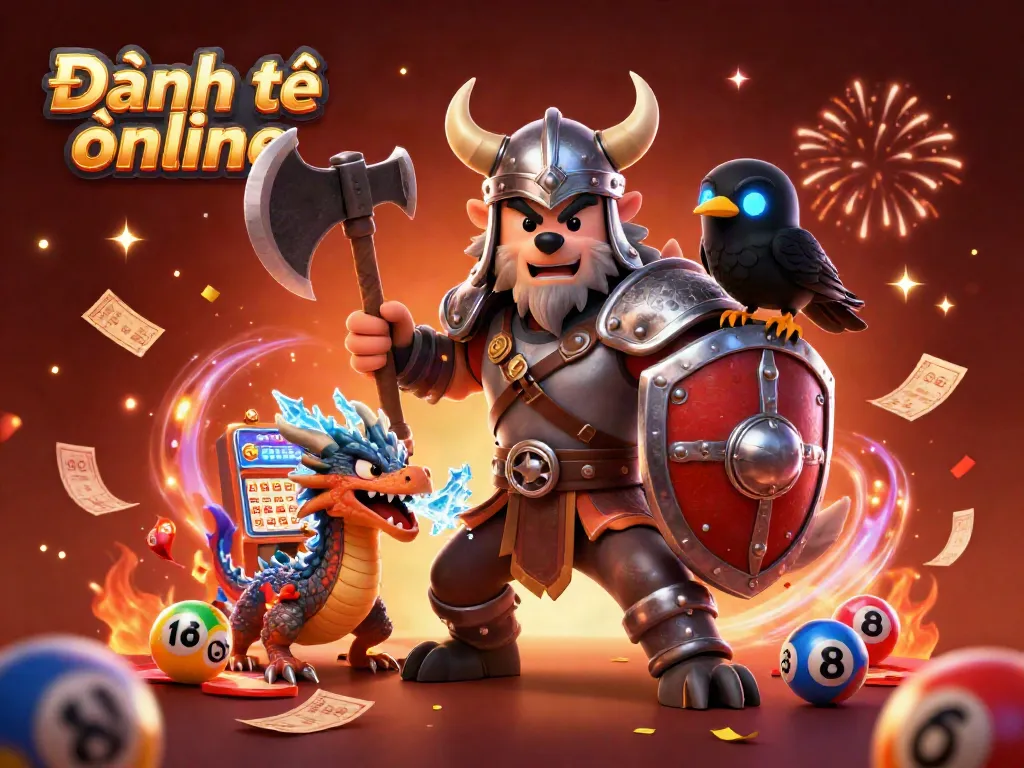 Experience thrilling Đánh đề online action with a vibrant scene of exciting lottery elements and cartoon warriors.
