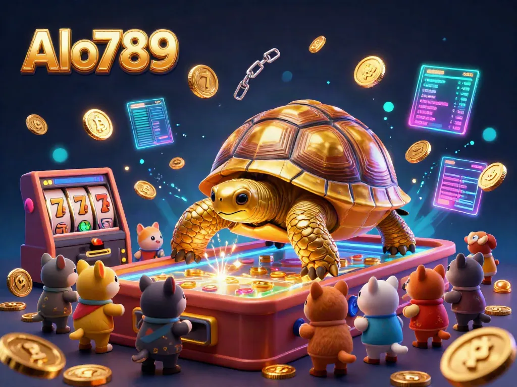 Alo789 presents an exhilarating casino scene with a golden tortoise pinball machine surrounded by eager gamers, enhanced with vibrant crypto elements.