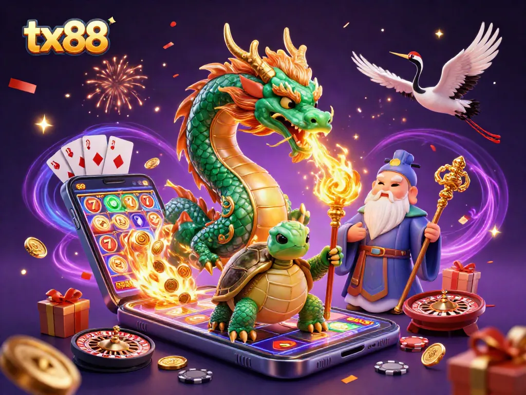 Experience the thrill of winning at tx88 with a vibrant 3D casino scene bursting with iconic game symbols.