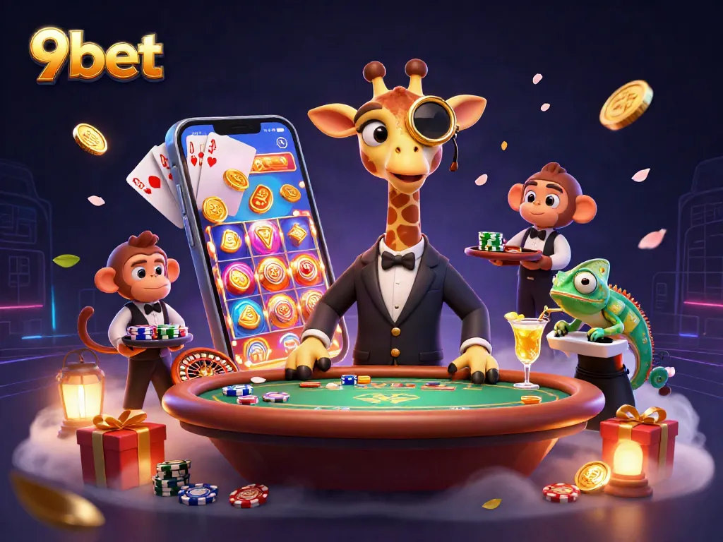 Engage with 9bet's vibrant casino scene featuring a high-roller giraffe and dynamic gaming action.