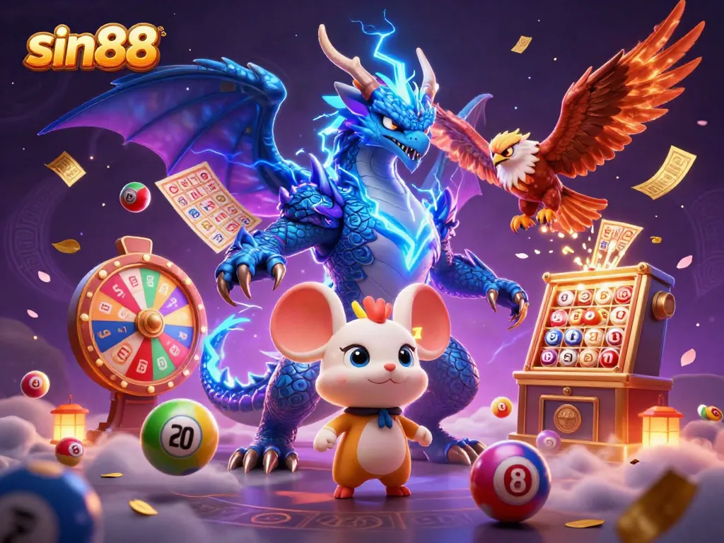 Experience thrilling wins at sin88 with this vibrant scene of a thunder dragon and gaming elements.