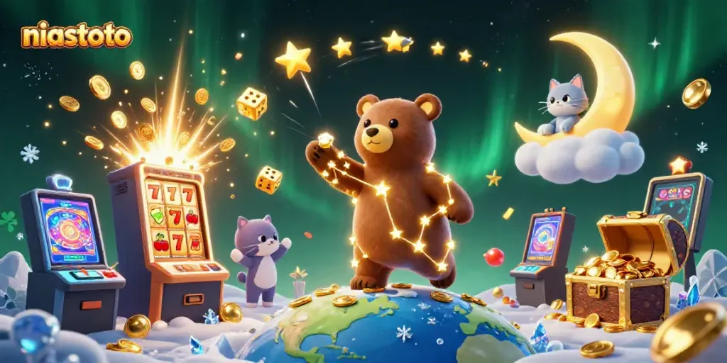 Gambarkan niastoto dalam ilustrasi kasino dengan karakter berbintang dan mesin slot jutaan di langit malam.