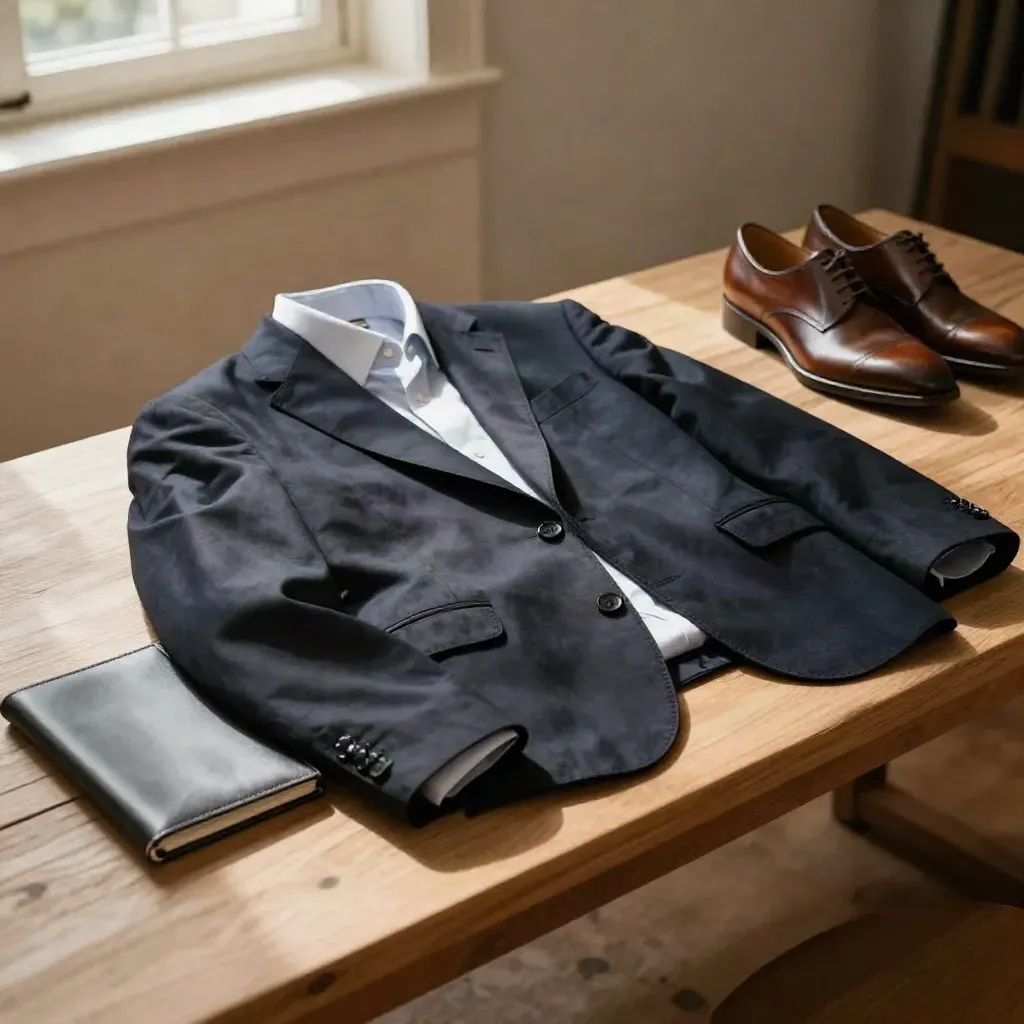 Outfit auf Holzbank im Morgenlicht mit Lederschuhen und Portfolio.