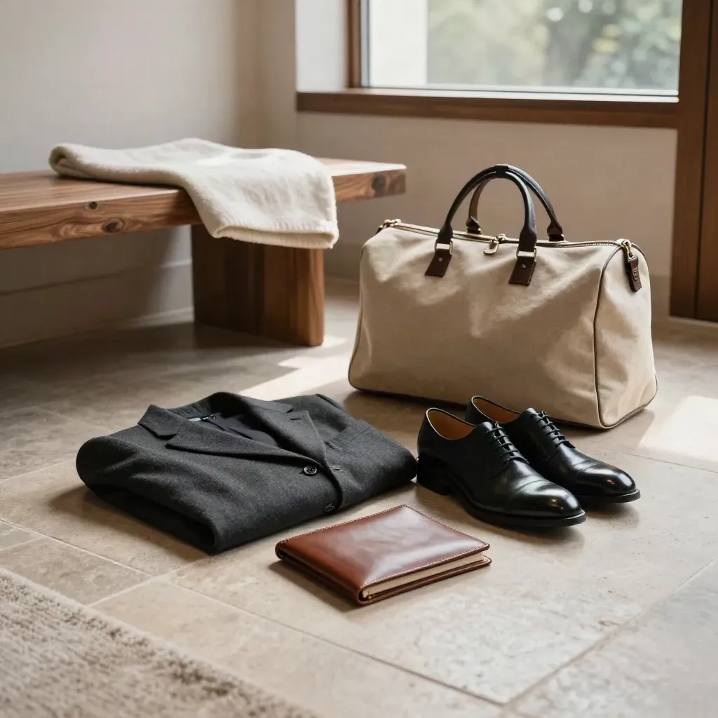 Reisebereites Bewerbungs-Set mit Sakko, Schuhen, Portfolio und Weekender im Hotelzimmer