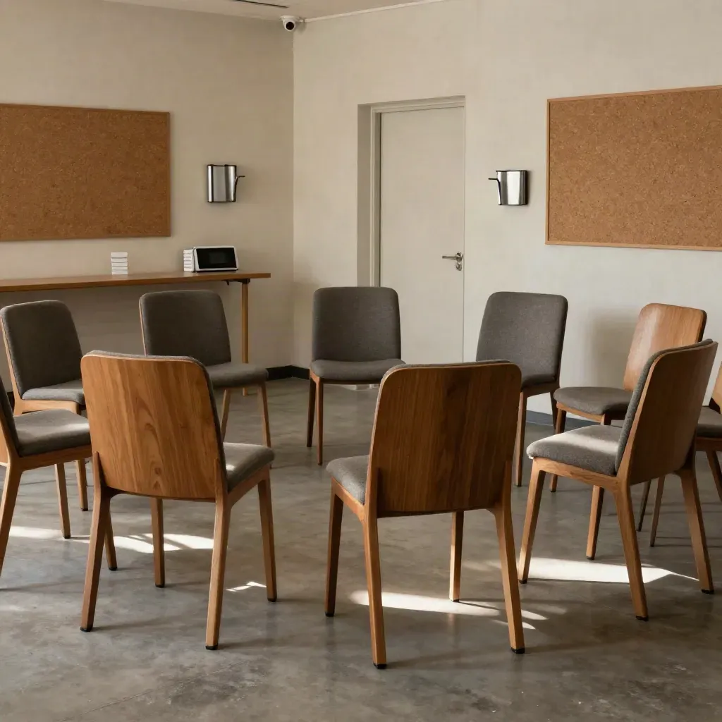 Leerer Workshopraum mit Stuhlkreis, Pinnwänden, Timer und Karten, bereit für Leadership-Übungen.