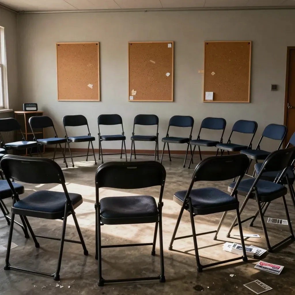 Leerer Workshopraum mit Stuhlkreis, Pinboards, Timer und Nachglanz.