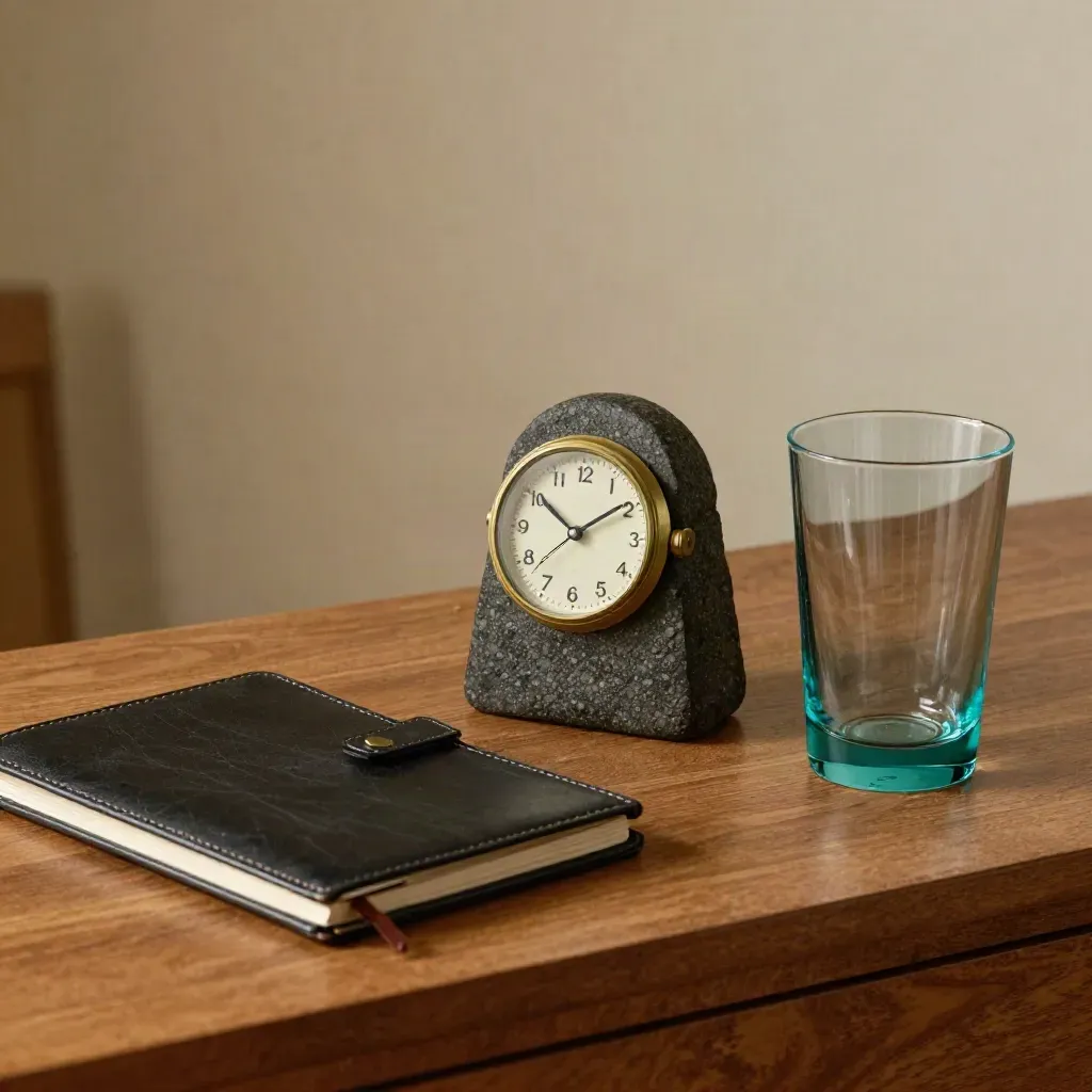 Dunkles Stillleben mit Uhr, Ledermappe, Steinbuchstütze und Wasserkaraffe im Executive-Raum.
