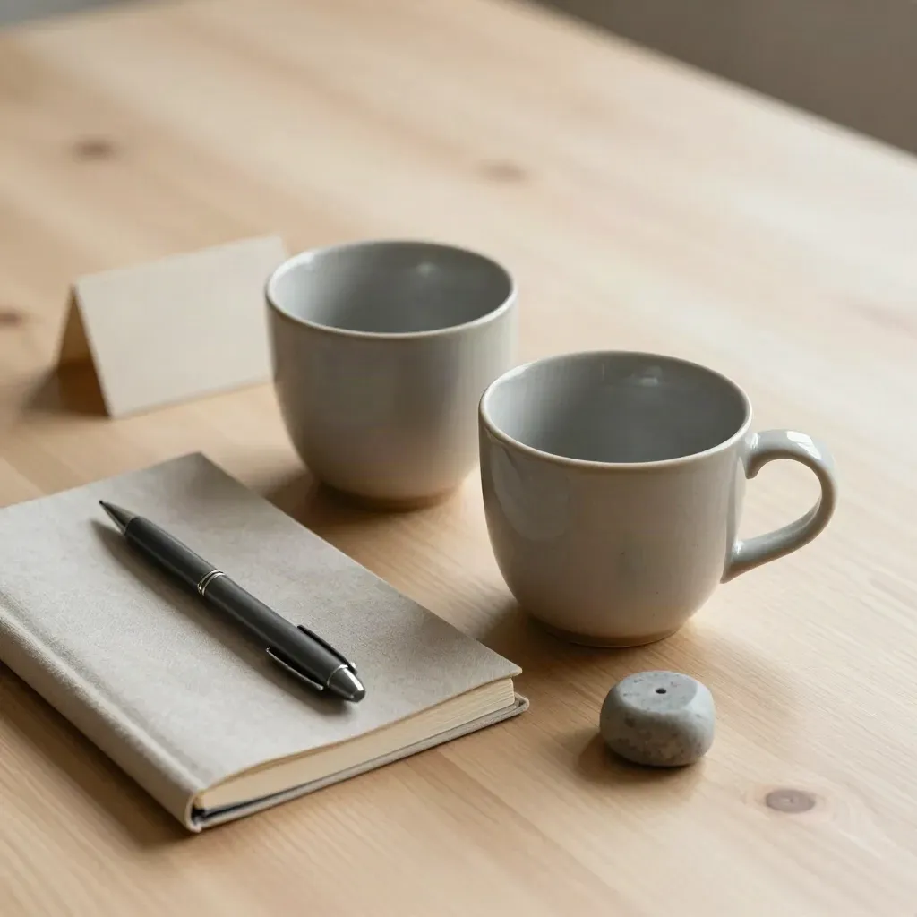 Zwei Keramiktassen, Notizbuch und Stift auf hellem Holz im warmen Seitenlicht.