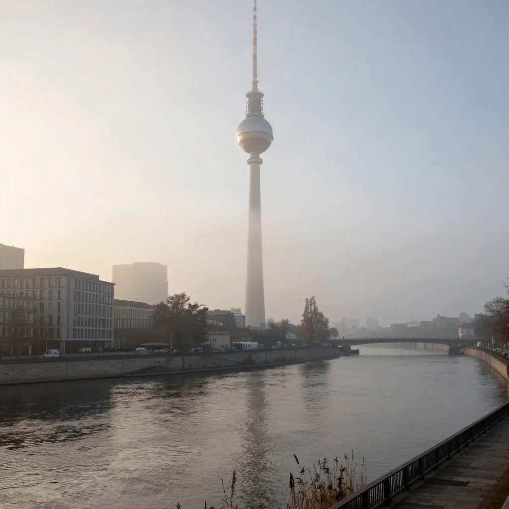Berliner Fernsehturm im Morgennebel über der Spree, ruhig und weit