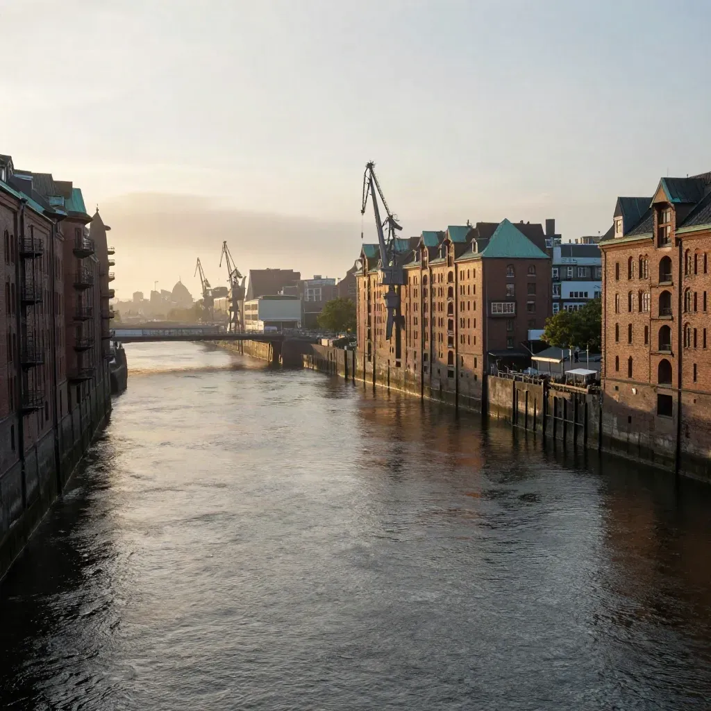 Hamburger Hafen mit Speicherstadt, Kränen und ruhigem Wasser im Abendnebel.
