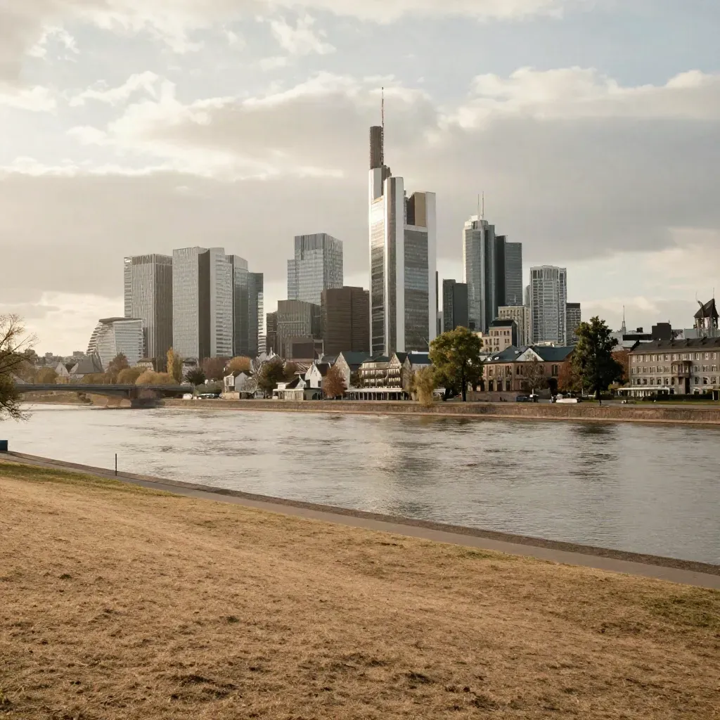 Frankfurter Skyline über dem Main im warmen Dunst, viel ruhige Fläche für Text