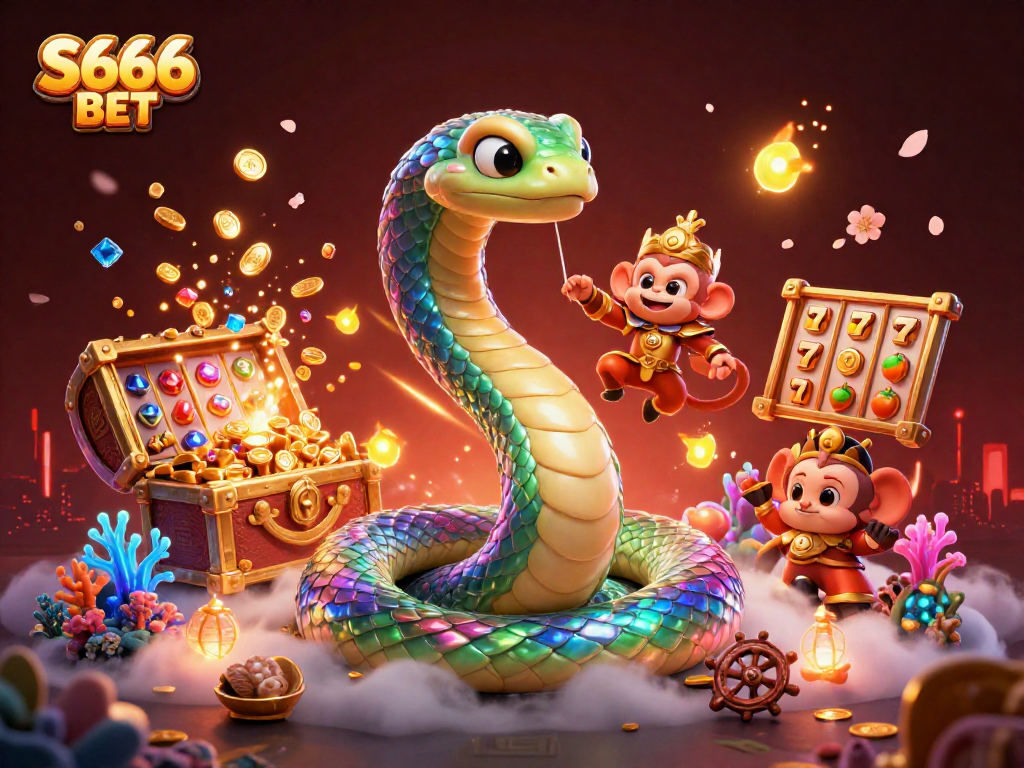 S666 BET captures the thrill of slots with a colorful 3D cartoon scene featuring a rainbow serpent and golden monkey king.