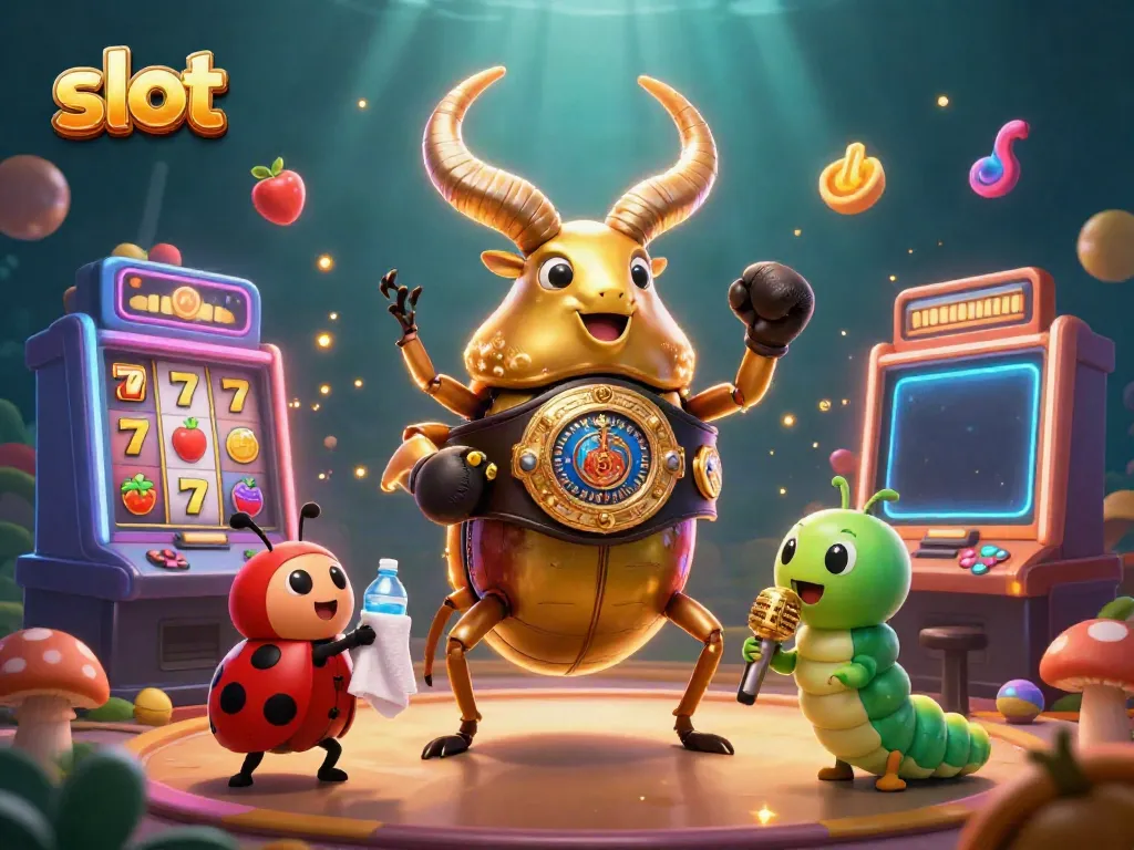 Engage in slot games surrounded by a dynamic scene showcasing giant characters and casino elements.