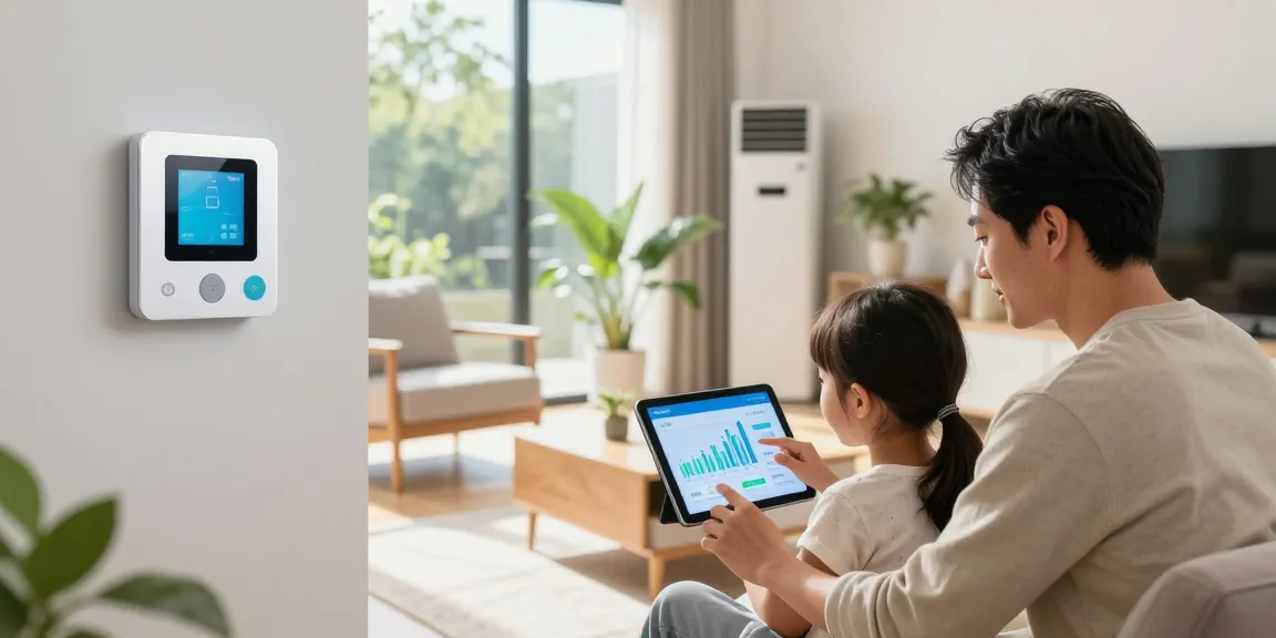 Die Familie überprüft ihren Smart Meter zur Energieeffizienz in einem modernen Wohnzimmer.