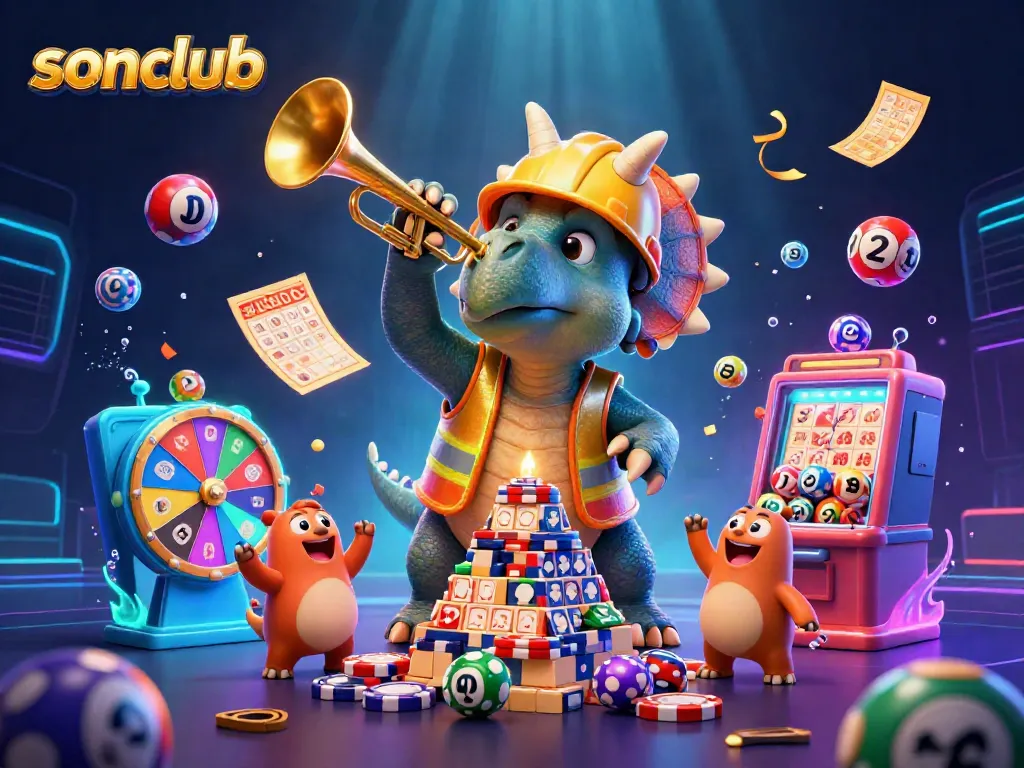 Experience the excitement of sonclub with cartoon dinosaurs celebrating while playing lottery games.