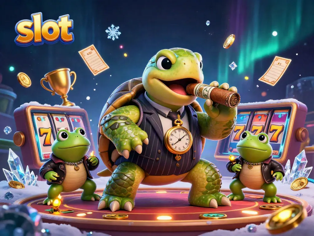 Experience exciting slot action with a 3D snapping turtle mobster and frog enforcers amidst golden jackpots.