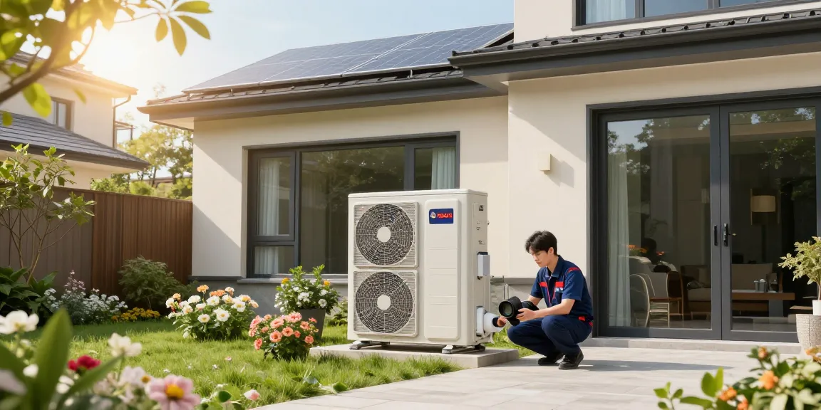 A Bosch heat pump installed in a modern home garden, showcasing energy efficiency and sustainable living.