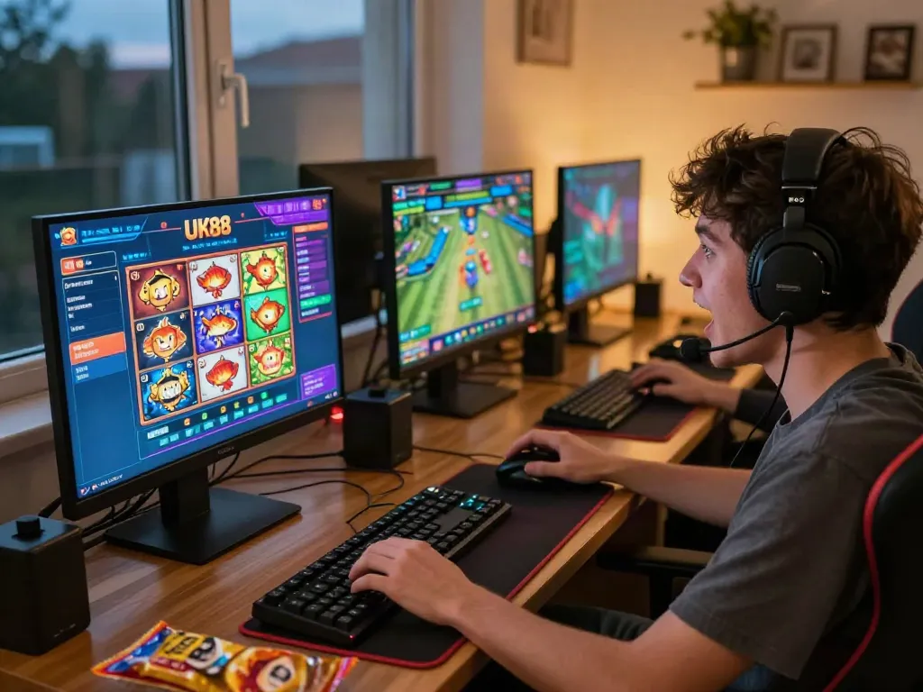 Player enjoying immersive online gaming at UK88, showcasing excitement and vibrant gaming graphics.