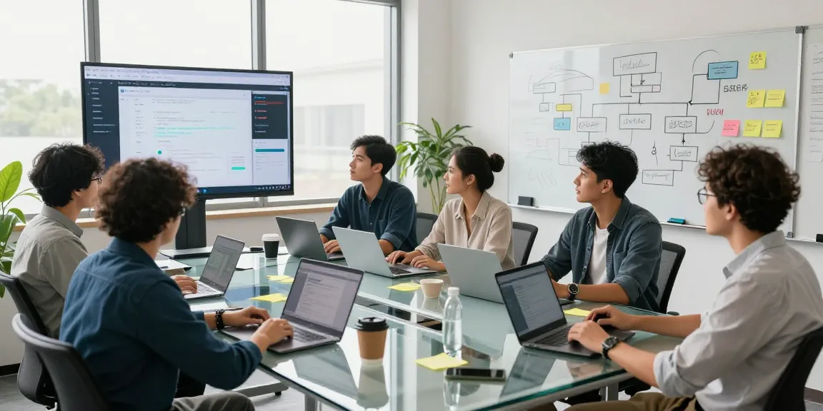 Team collaborating on software development at https://sc88.chat/ in a bright tech office