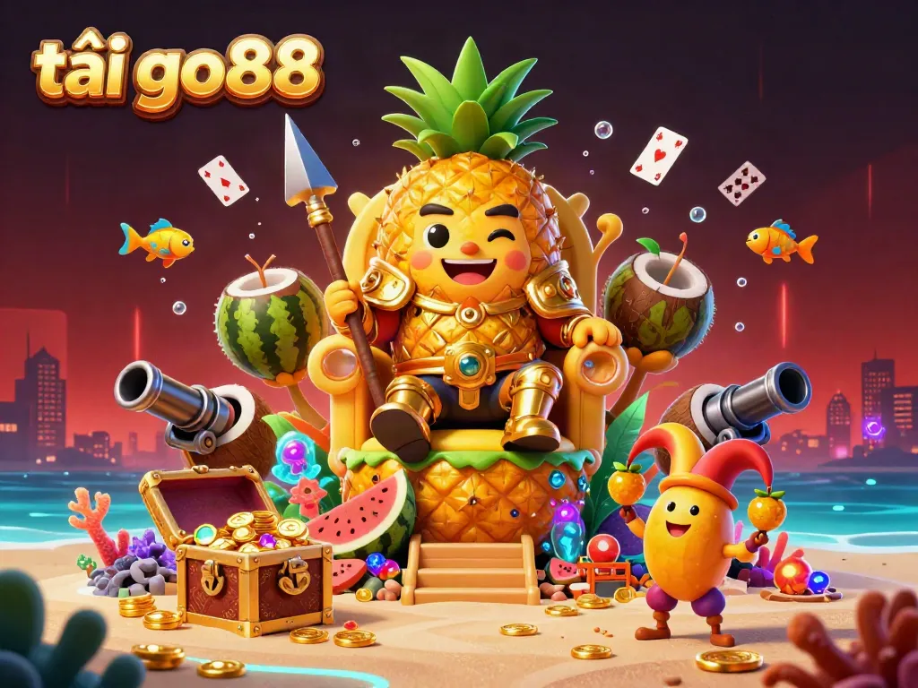 Engage in fun gameplay with tải go88, a vibrant and energetic beach casino scene featuring a pineapple king and colorful decorations.