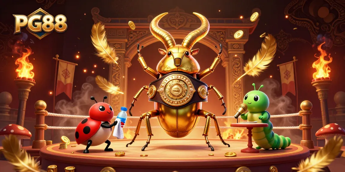Engage with PG88's thrilling gaming scene featuring a giant golden beetle champion and exciting elements around.