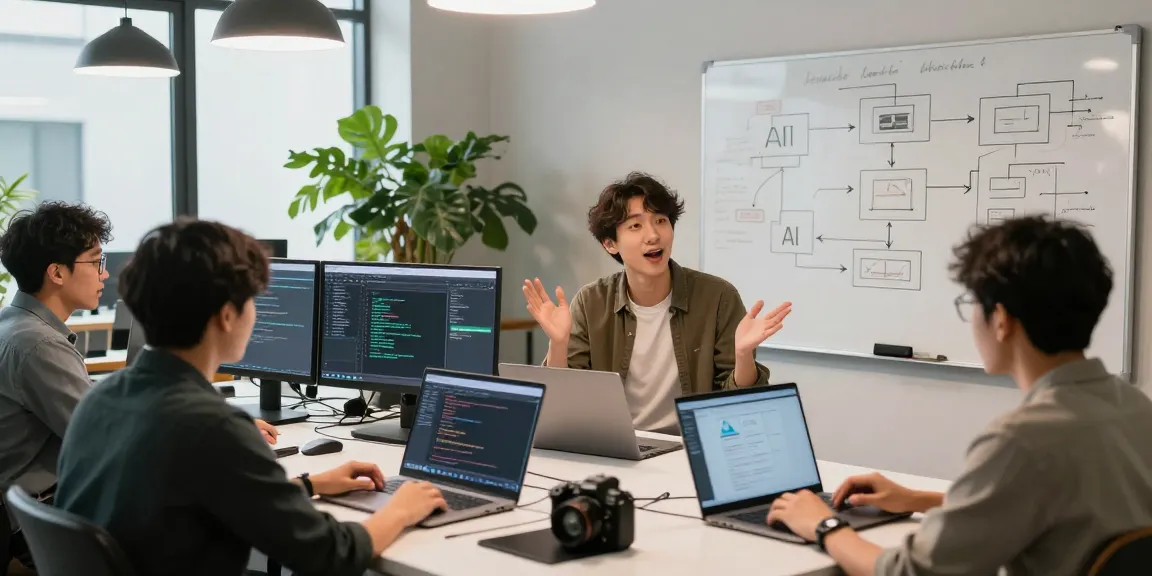 Team of developers working together on generative AI projects in a modern office environment.