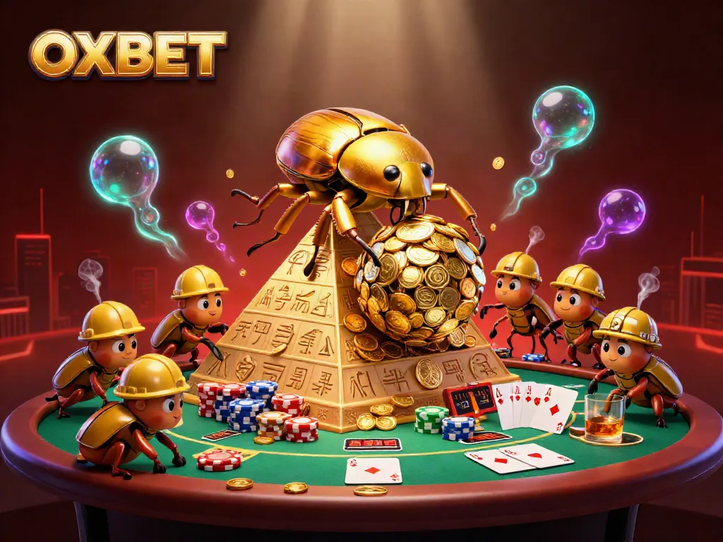Experience the thrilling atmosphere of OXBET with a lively scene featuring gold coins and poker elements.