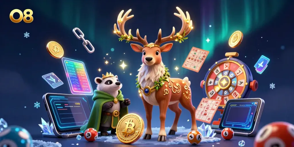 Experience epic gameplay with O8, featuring exciting cinematic illustrations of lottery games, jackpots, and vibrant prize wheels.
